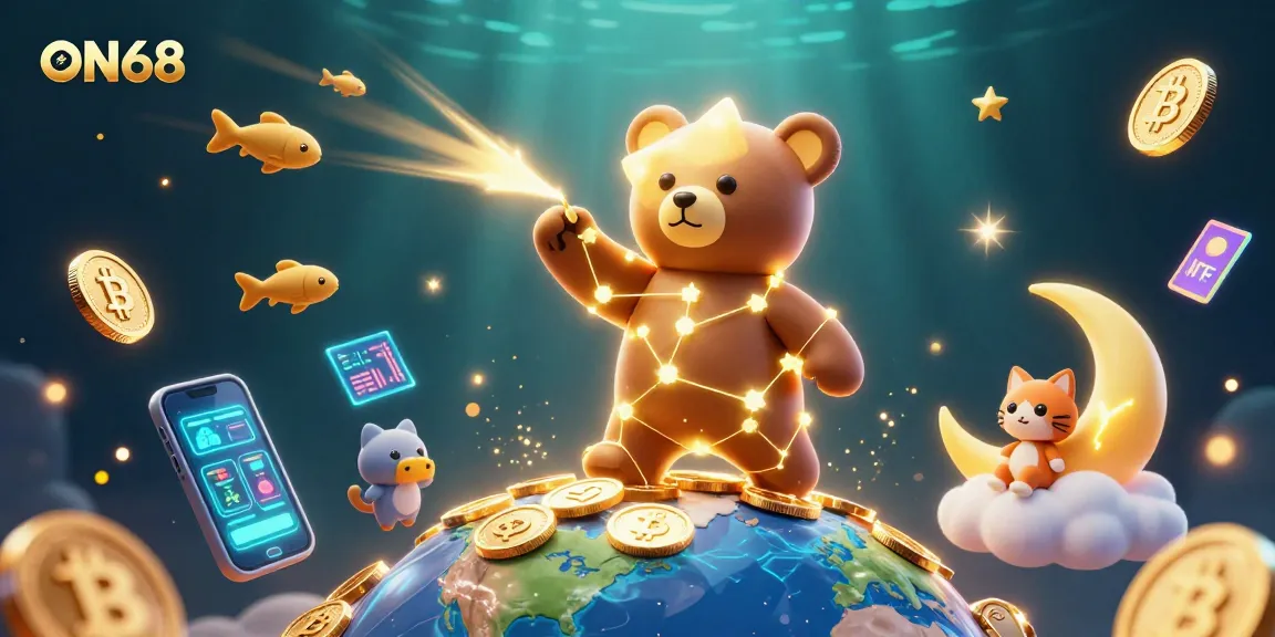 Engage with ON68 as a 3D constellation bear collects coins, showcasing vibrant casino elements.