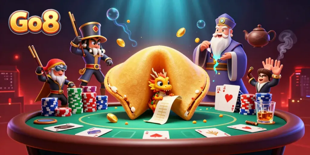 Engage with Go 8's thrilling casino adventure featuring a giant golden fortune cookie and dynamic poker setup.
