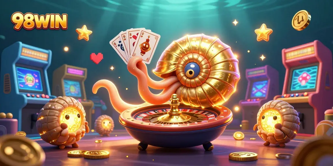 Experience 98WIN gaming action with an ancient nautilus roulette wheel and vibrant casino elements.