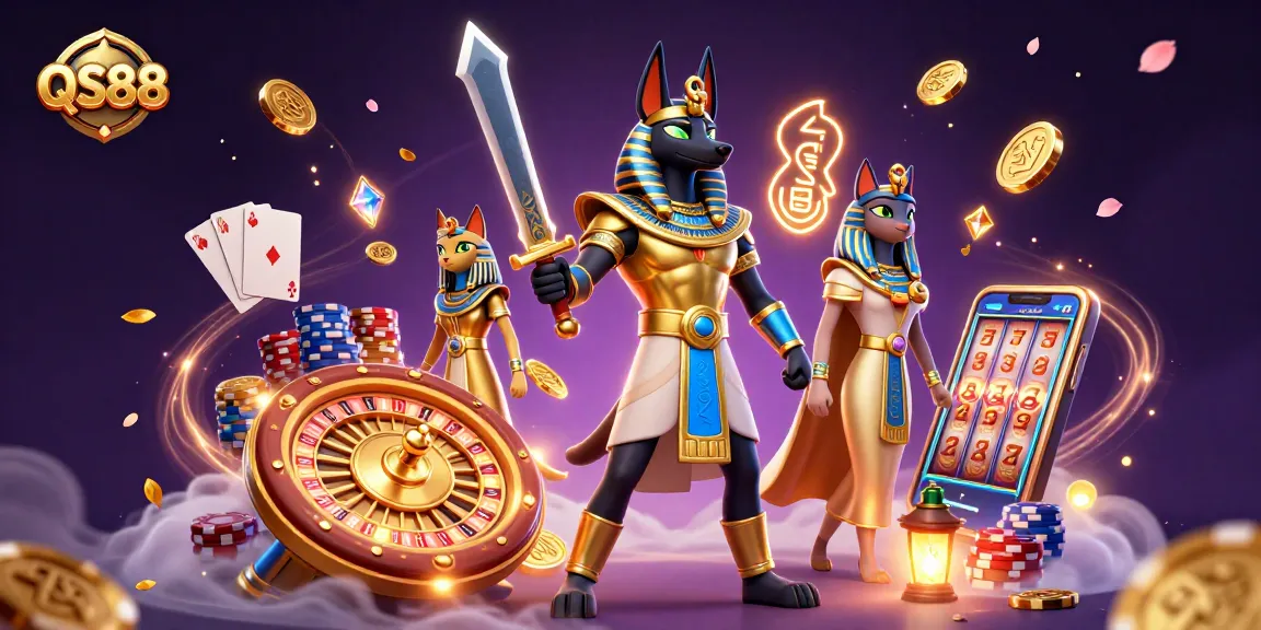 Experience thrilling 3D casino action at QS88 with Anubis, floating hieroglyphs, and dazzling game elements.