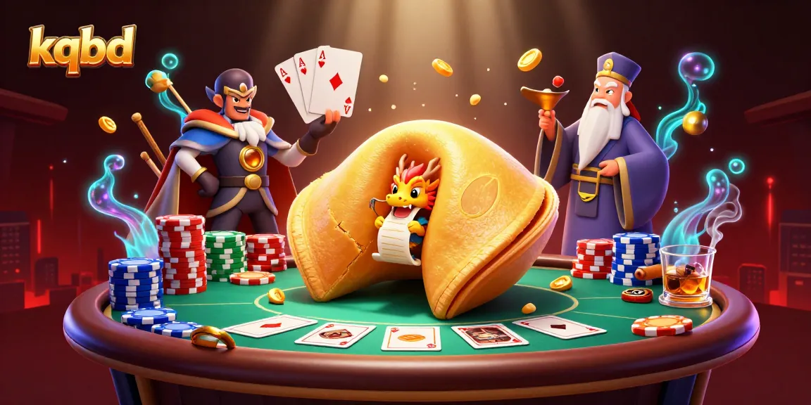 Engage with kqbd's lively atmosphere featuring a golden fortune cookie, wise dragon, and poker elements.