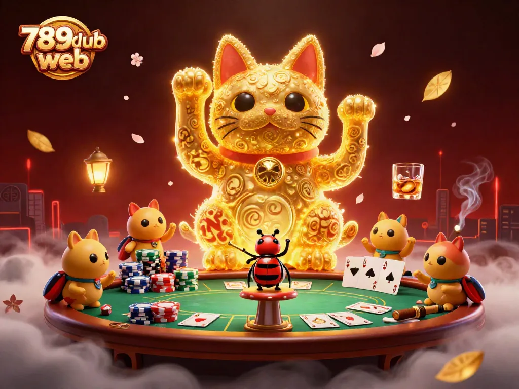 Experience luck with 789club web's giant lucky cat amidst a vibrant casino scene.