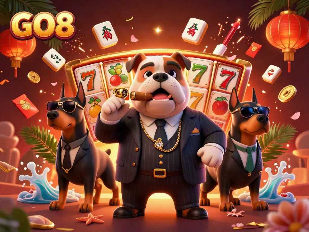 GO8 casino scene with a mafia bulldog and Doberman bodyguards surrounded by slot reels and festive elements.
