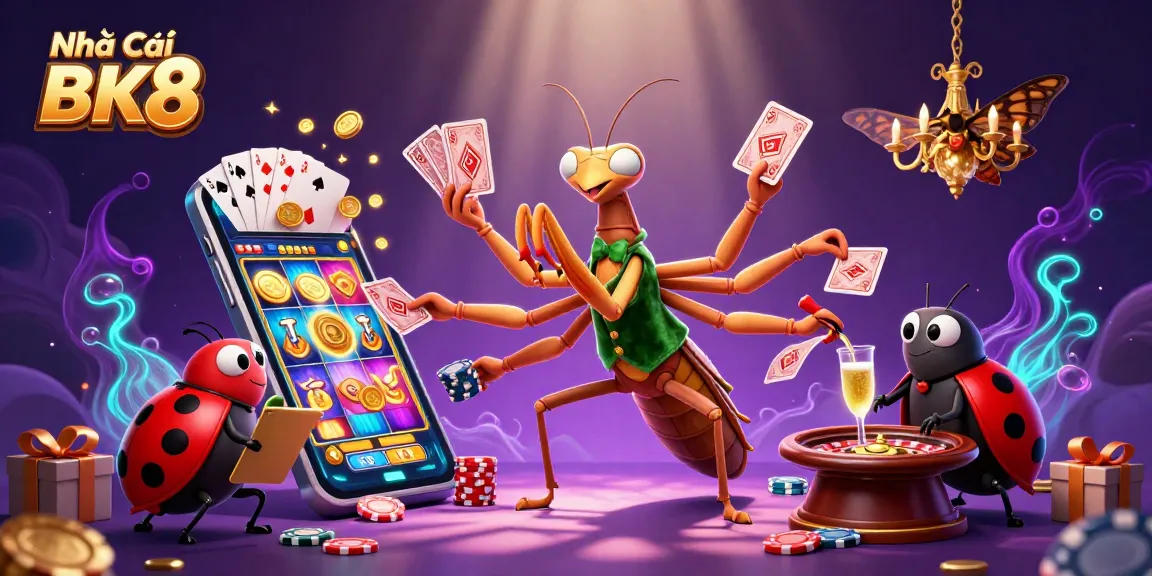 Experience excitement with Nhà Cái BK8, where a giant praying mantis dealer mixes cards and champagne in a vibrant casino.