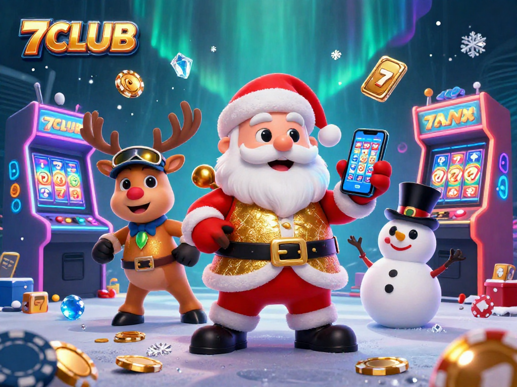 Play at 7CLUB and join Santa's jackpot adventure amidst vibrant casino elements.