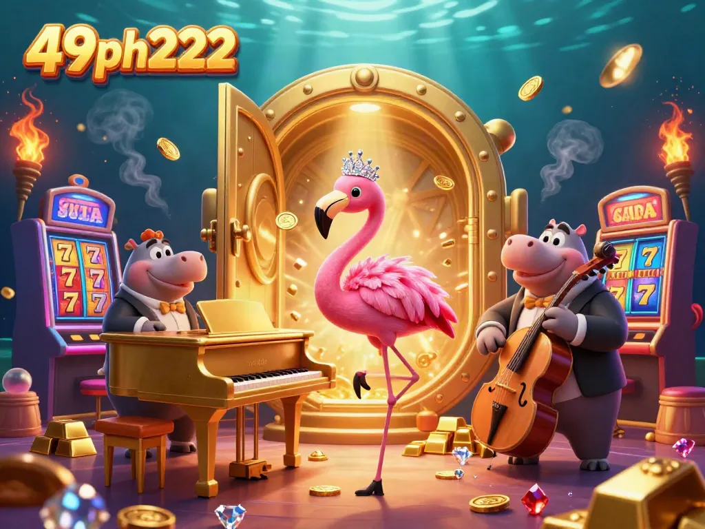 Engage with the vibrant scene of 49ph222 featuring a singing flamingo and hippo bassist amidst colorful slot machines.