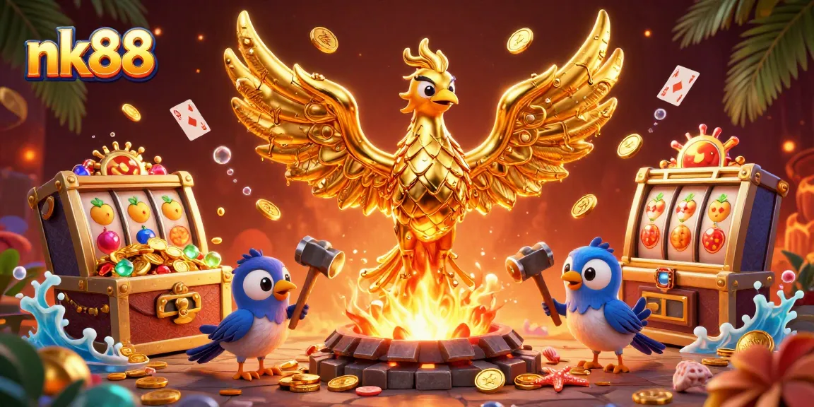 Engage in the vibrant world of nk88 with a cascading golden phoenix and thrilling casino elements.