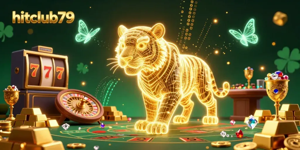 Engage in thrilling experiences at hitclub79 with a dazzling golden tiger and captivating casino elements.