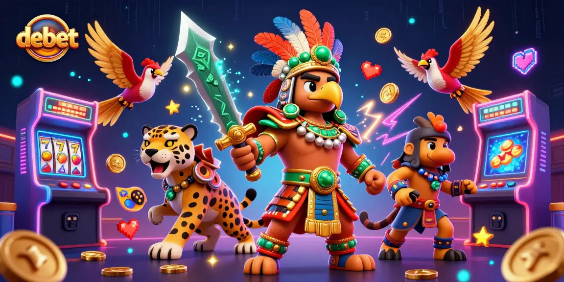 Experience the exciting world of debet slots with animated Aztec characters and vivid casino elements.