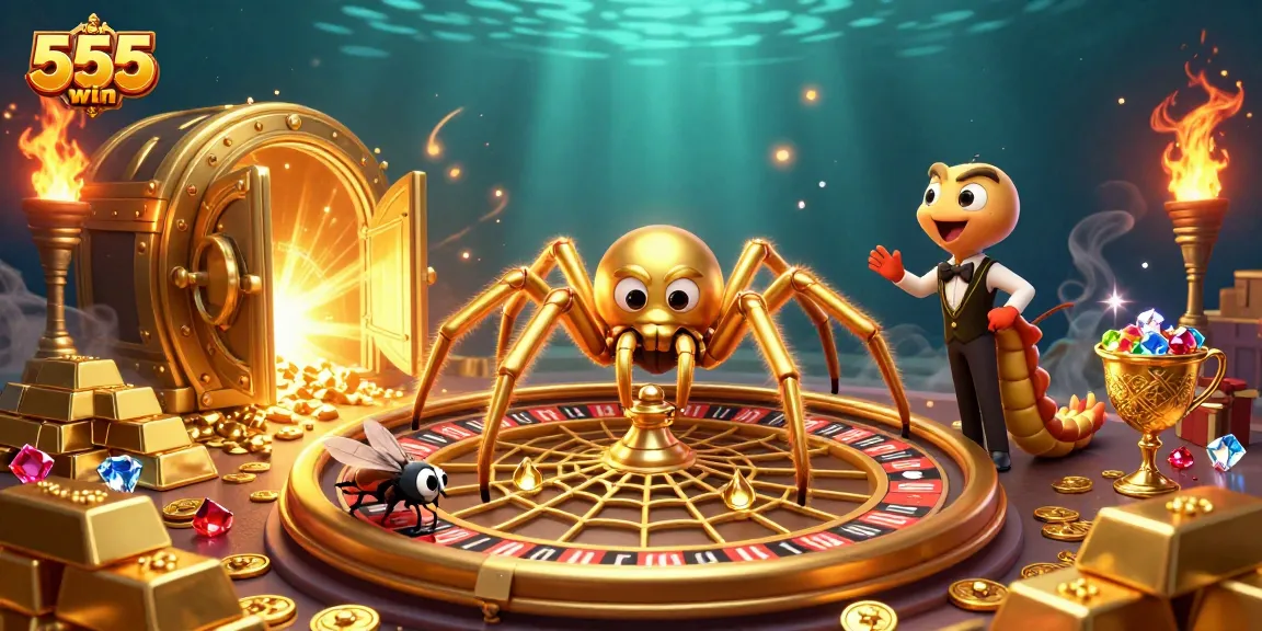 Engage with the excitement of gambling at 555win com, illustrated by a cartoon spider spinning a roulette wheel.
