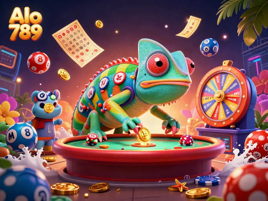 Engage with Alo 789's lively casino scene featuring colorful lottery elements and expert chameleon dealer.