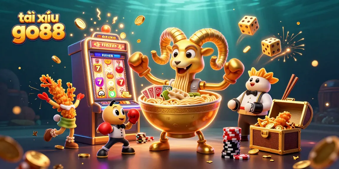 Engage with tài xỉu go88's dynamic casino scene, where golden ramen bowl characters deal cards while dazzling slot jackpots burst.