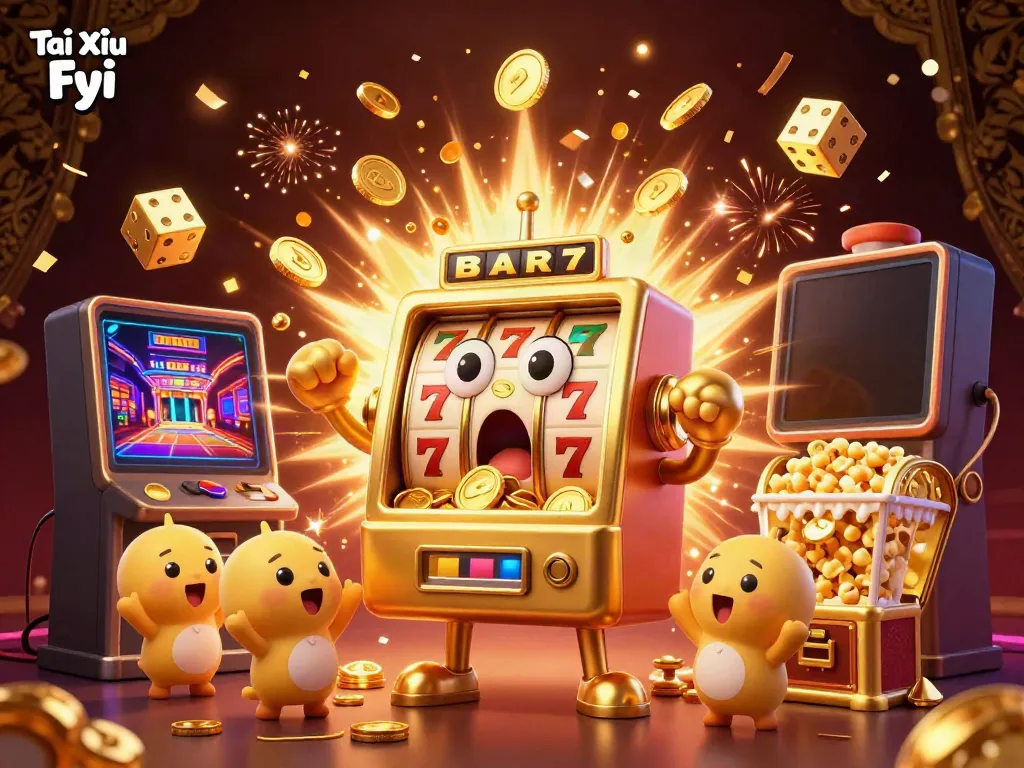 Tài Xỉu Fyi illustrates a lively casino scene with a golden slot machine celebrating a jackpot, surrounded by cheering baby slot machines.