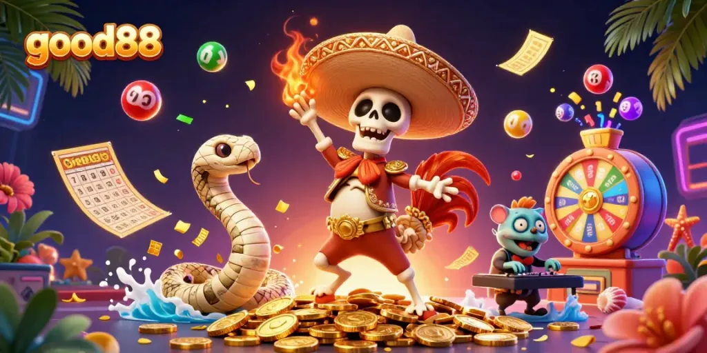 Experience excitement at good88 with a lively victory dance scene reflecting a vibrant casino atmosphere.
