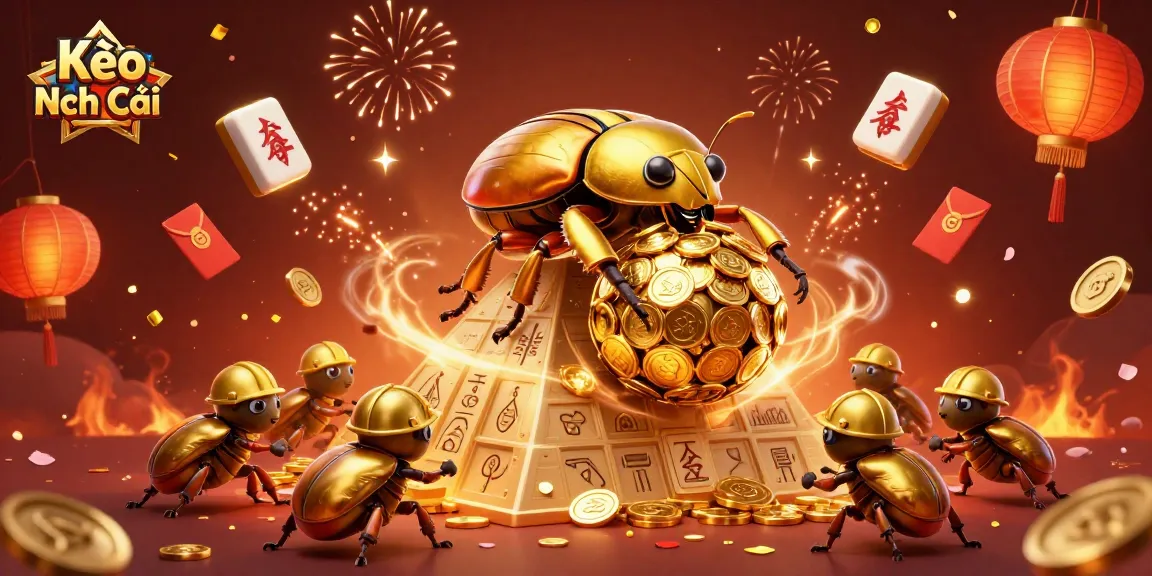 Kèo Nhà Cái showcases a massive golden dung beetle amidst floating mahjong tiles and celebration fireworks.