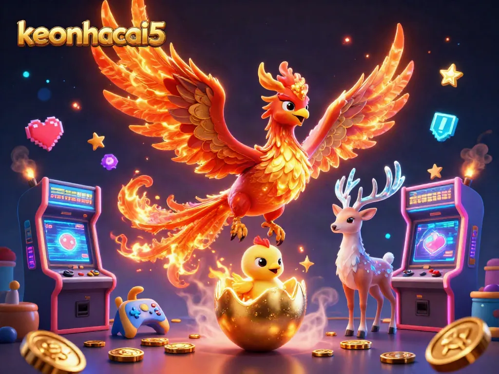 Experience keonhacai5 with a vibrant, dynamic casino scene featuring a mystical phoenix and gaming elements.