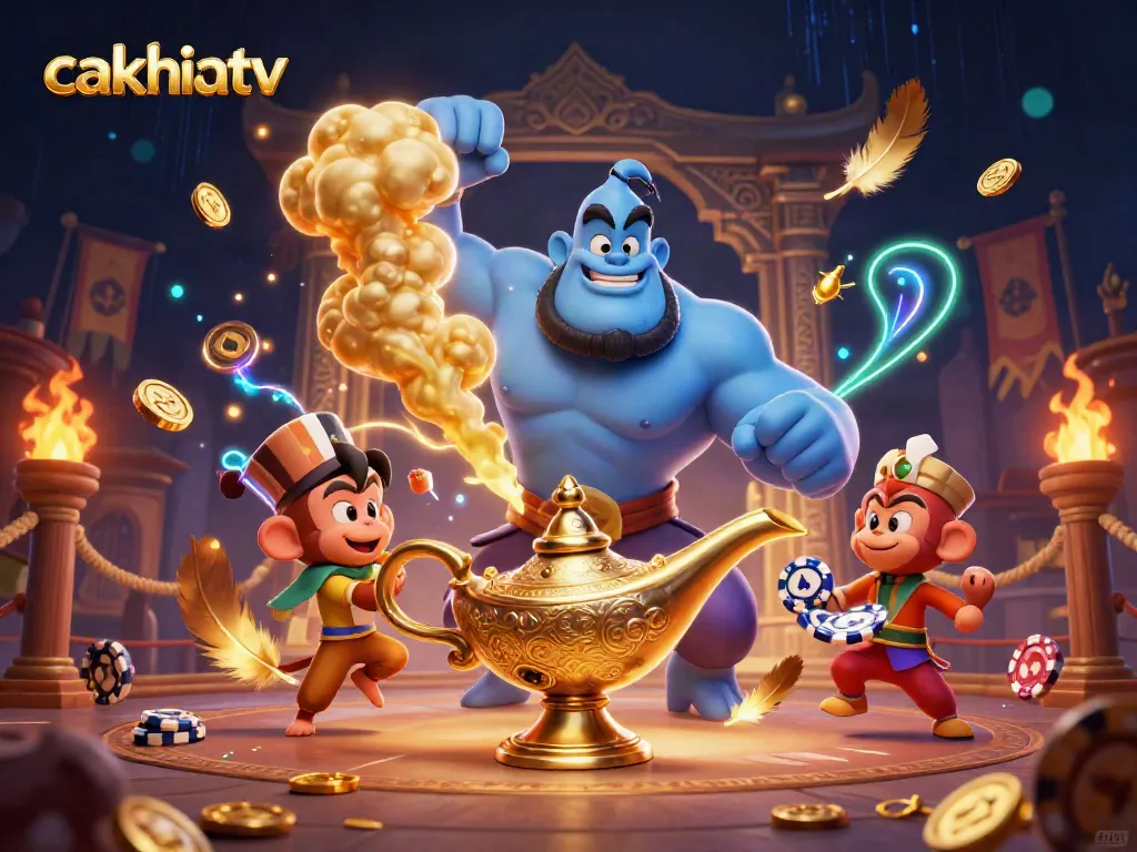 Experience the vibrant energy of cakhiatv with a colorful 3D genie and magical gambling elements.