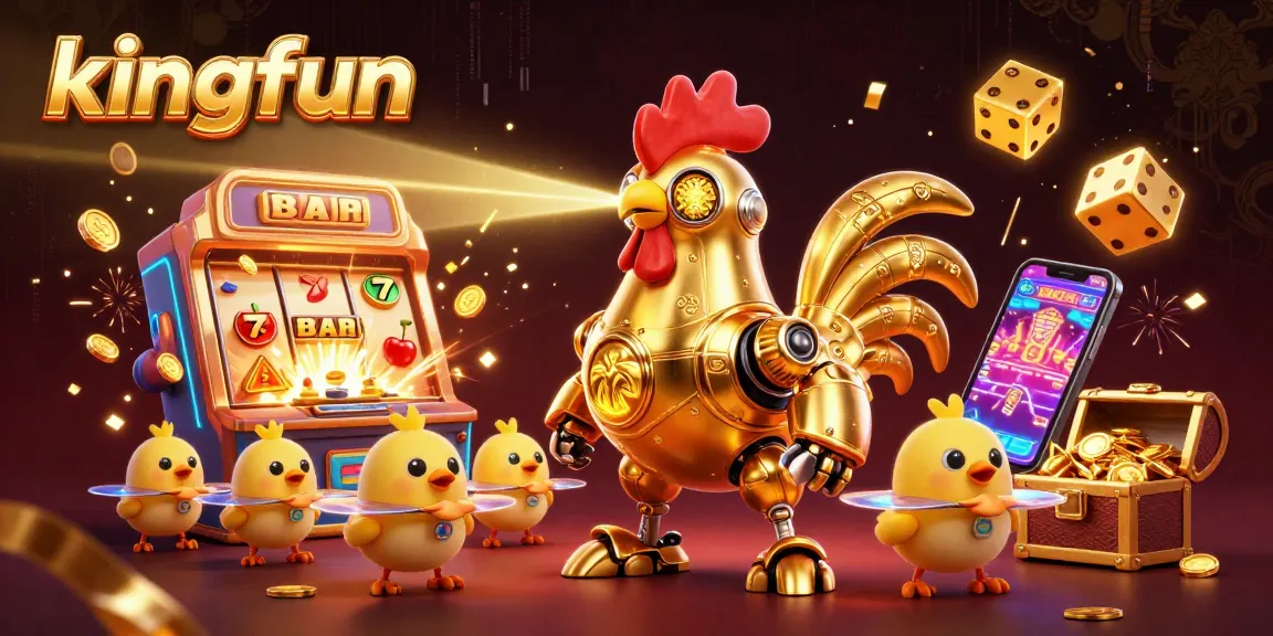 Watch kingfun's golden rooster robot unleash jackpot excitement amidst bursting slot machines and vibrant gaming energy.