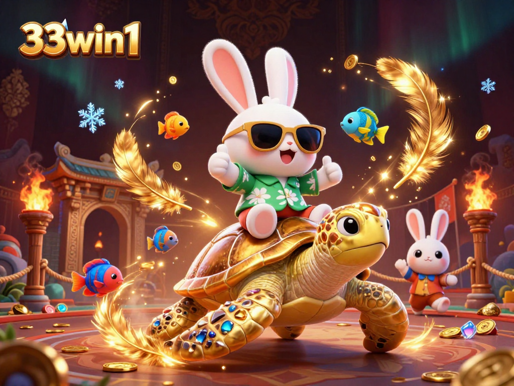 33win1 gambling art featuring a lucky rabbit and golden sea turtle in a vibrant casino scene