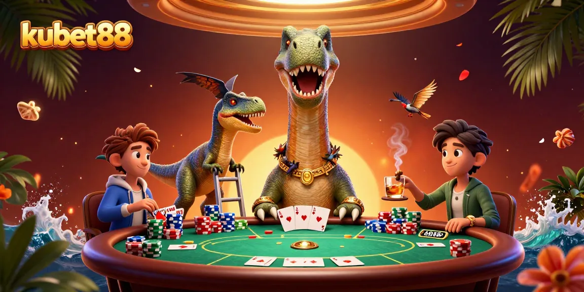 Engage in thrilling gameplay with kubet88 as a giant brontosaurus oversees an epic poker showdown.