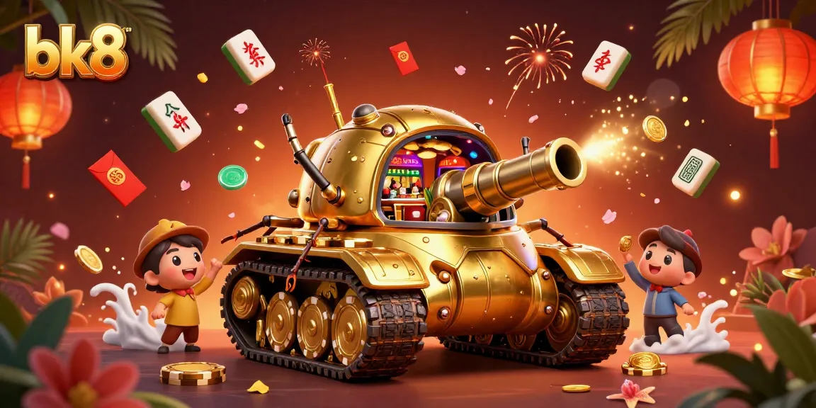 Experience the vibrant atmosphere of bk8 with a dynamic casino scene featuring a golden beetle tank, confetti, and festive elements.