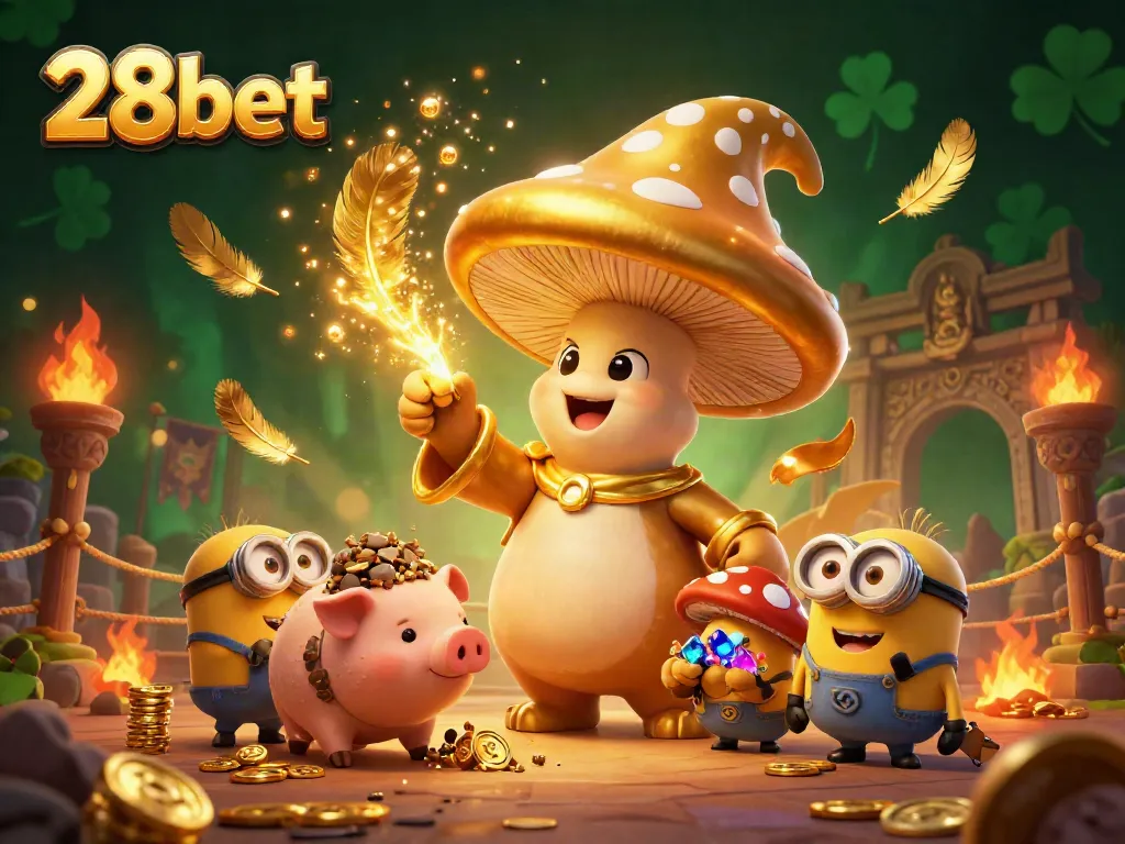 A 3D illustration featuring a golden mushroom wizard and treasures, promoting the 28bet online gambling experience.