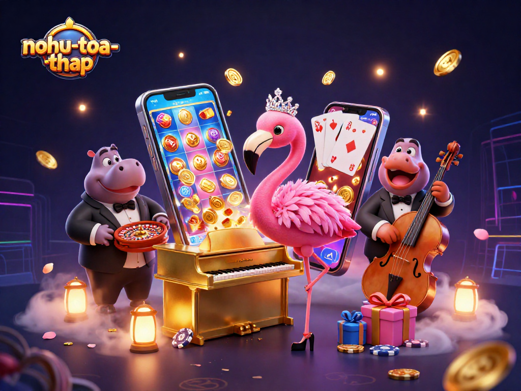 Spin and win in the nohu-toa-thap game universe, featuring dynamic 3D characters, vibrant slots, and engaging gameplay elements.
