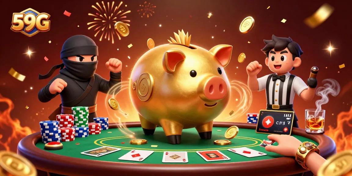 Engage with vibrant action at 59G Casino featuring a golden piggy bank sumo wrestler amidst a lively gambling scene.