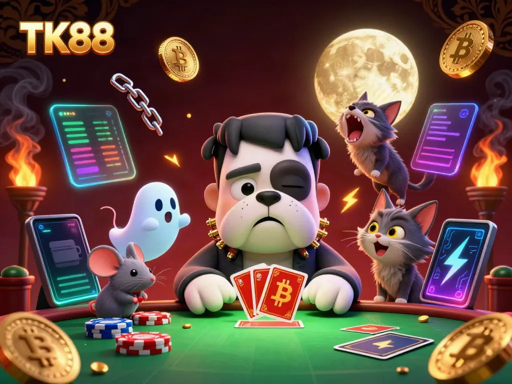 Engage with thrilling casino games at TK88 with a dynamic scene of unique characters and vibrant graphics.