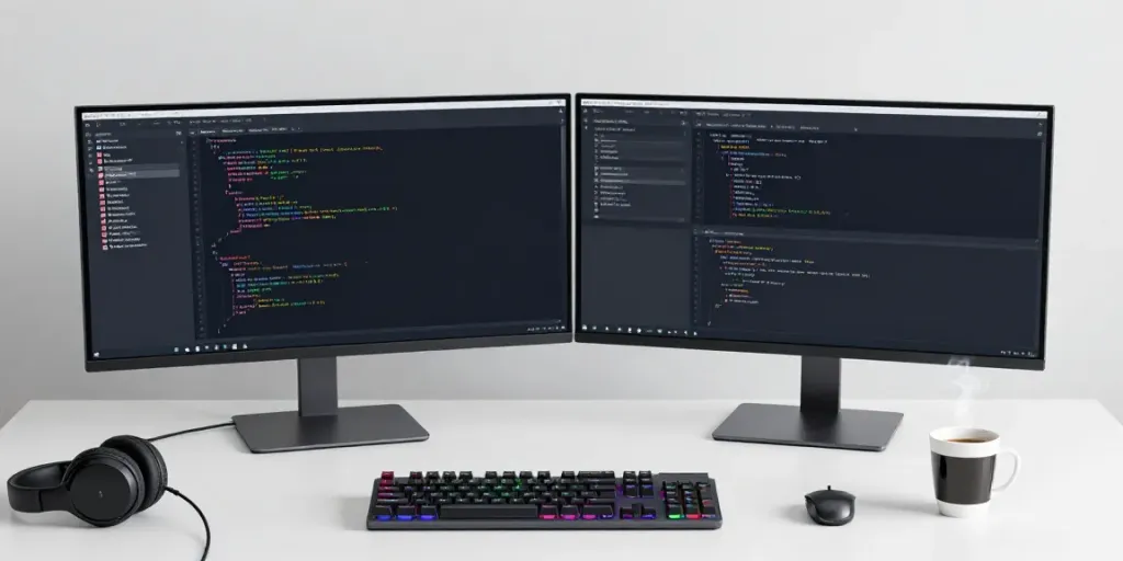 Register .co.uk domain at a modern developer's desk with coding tools