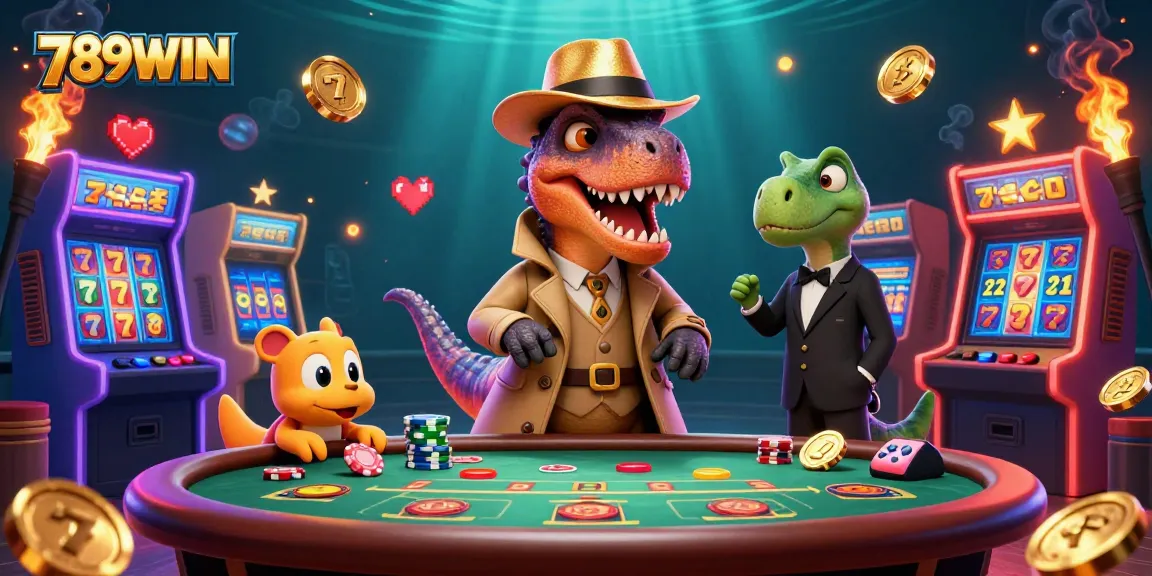 Experience thrilling gaming at 789WIN with a velociraptor card counter amidst slots and casino excitement