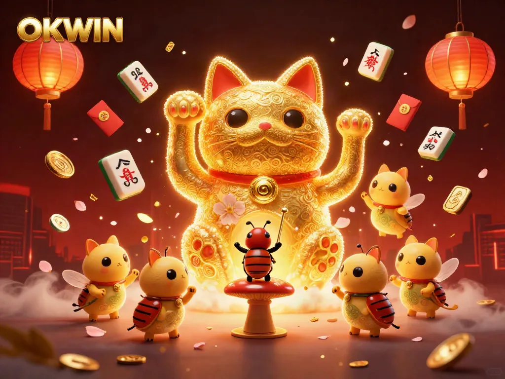 Experience the vibrant world of OKWIN with a dynamic illustration showcasing a lucky cat and golden fireflies amid casino symbols.
