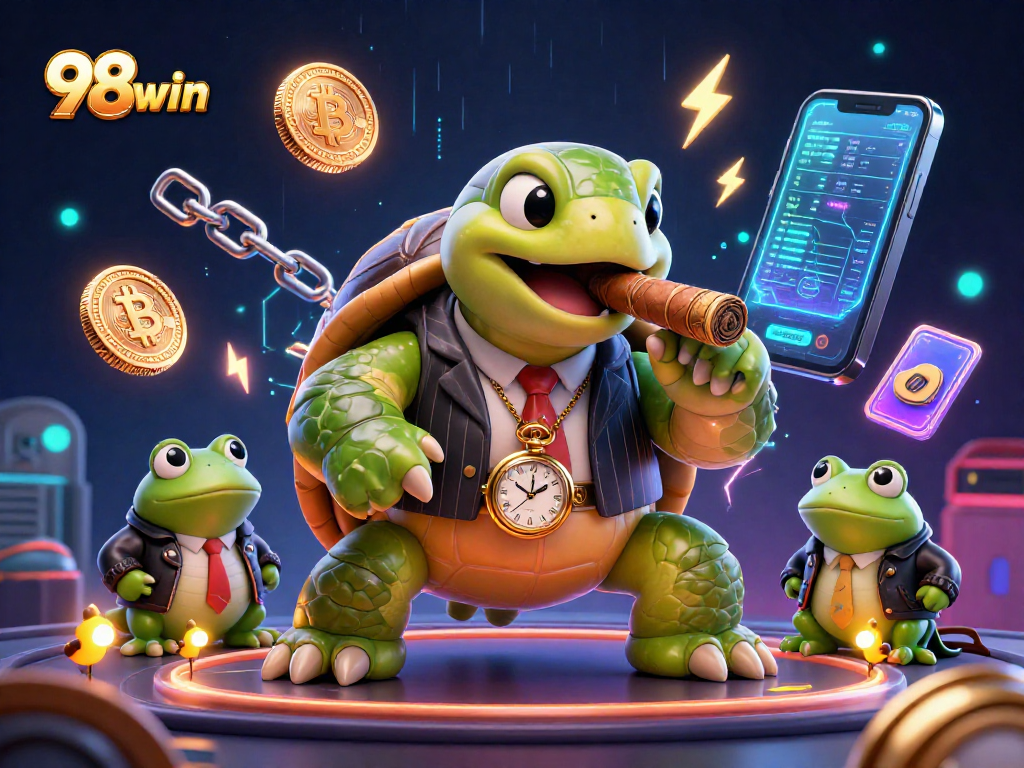 Engage with 98win's lively casino scene showcasing a snapping turtle in a vintage suit and vibrant crypto elements.