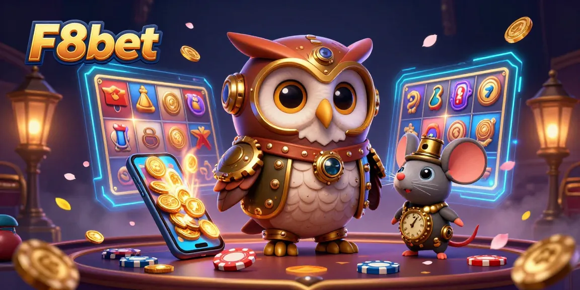 Engage with F8bet through a vibrant 3D illustration showcasing a time-traveler owl in a casino scene, enhancing your gaming experience.