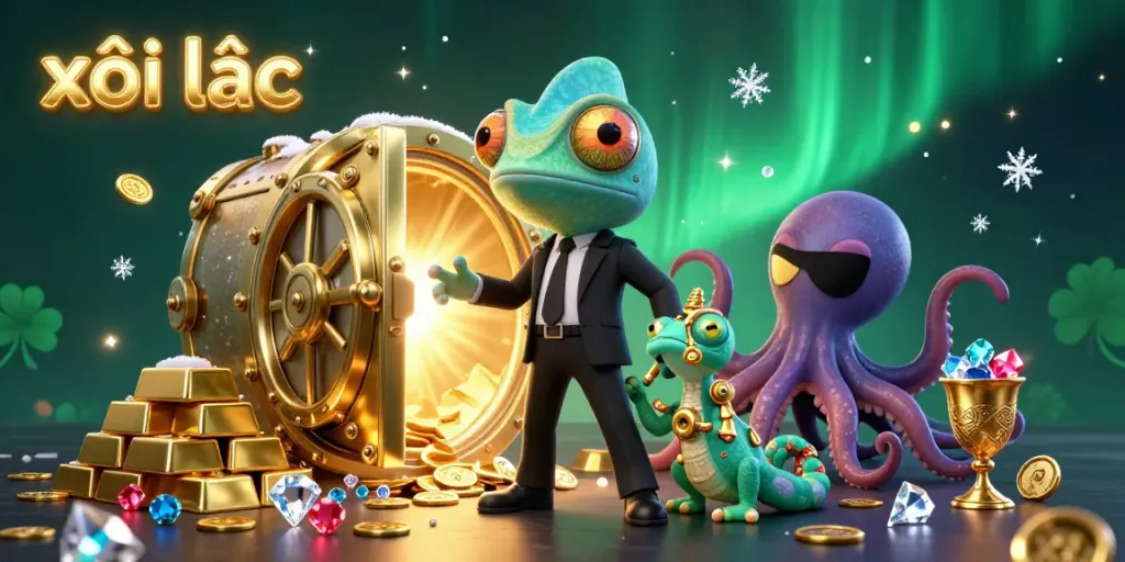 Engaging scene at xôi lạc depicting a chameleon, gecko, and octopus amidst vibrant casino treasures.