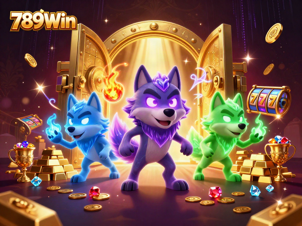 Spin to win with 789Win as ghostly wolves guard the treasure in this vibrant casino scene.