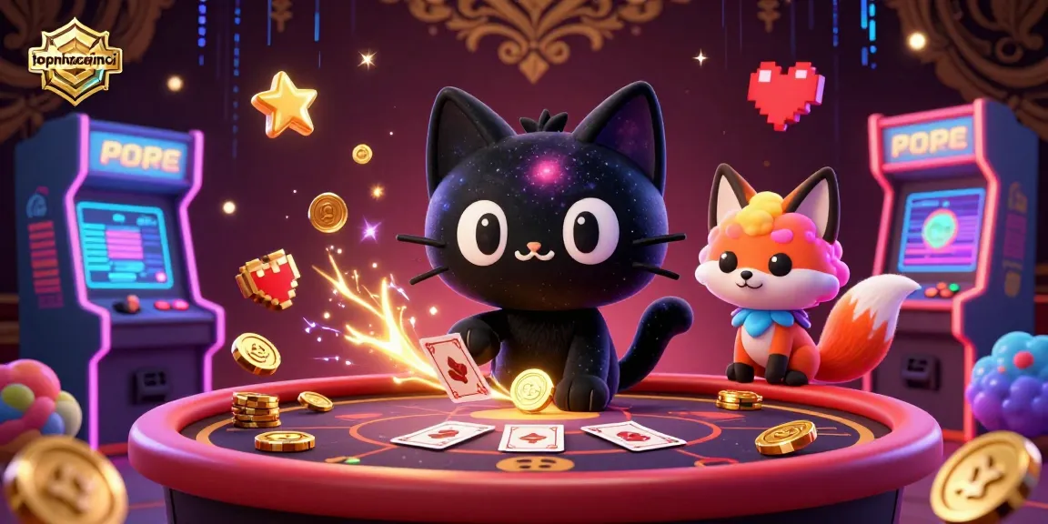 topnhacaimoi captures the playful cosmic casino scene with a black hole cat and nebula fox.