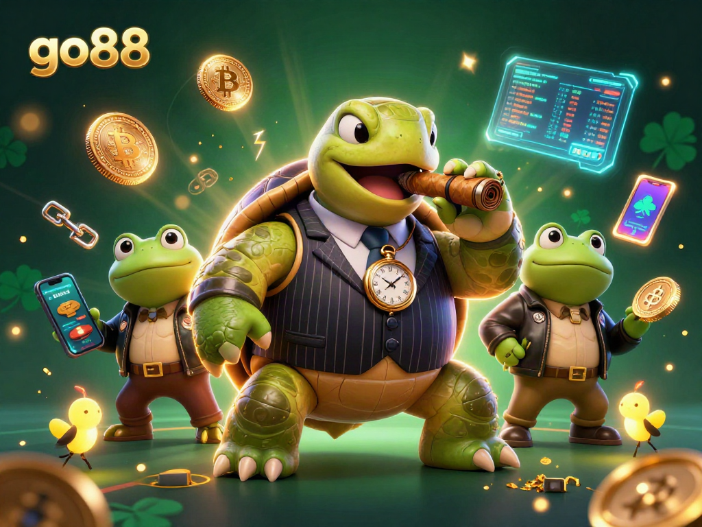Experience go88's vibrant casino world with a dynamic scene of a mobster turtle and bullfrog enforcers amidst crypto elements.