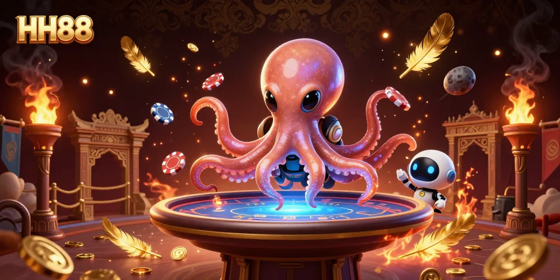 Engage in thrilling gameplay at HH88 with a holographic poker scene featuring an alien octopus and robot!
