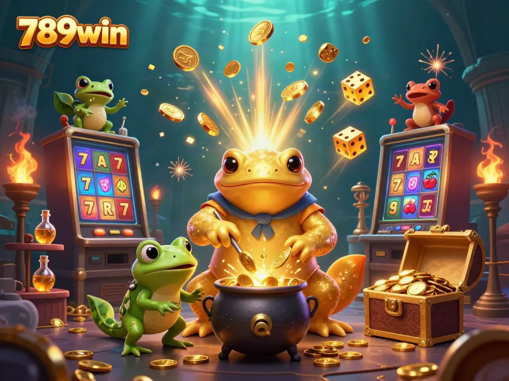 Experience the thrill of 789win with lively illustrations of a magical alchemist, vivid coins, and dynamic casino games.