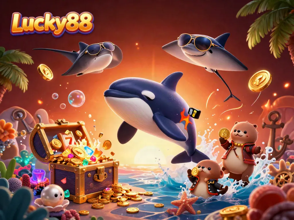 Experience the dynamic fun of Lucky88 with a 3D scene featuring an orca whale, stingray, and sea otters amidst vibrant casino elements.