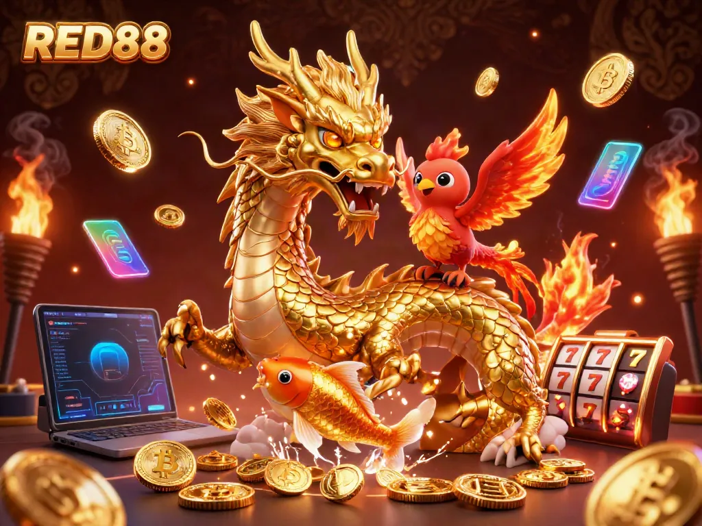 Spin the reels at RED88 with a glowing golden dragon, lucky koi fish, and vibrant crypto elements.