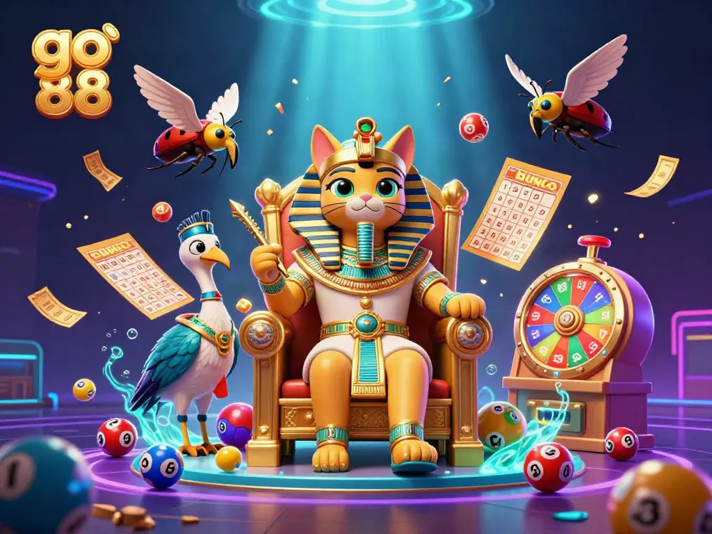 Experience thrilling gameplay at go 88 with vibrant lottery balls, Egyptian cat symbols, and winning prizes.