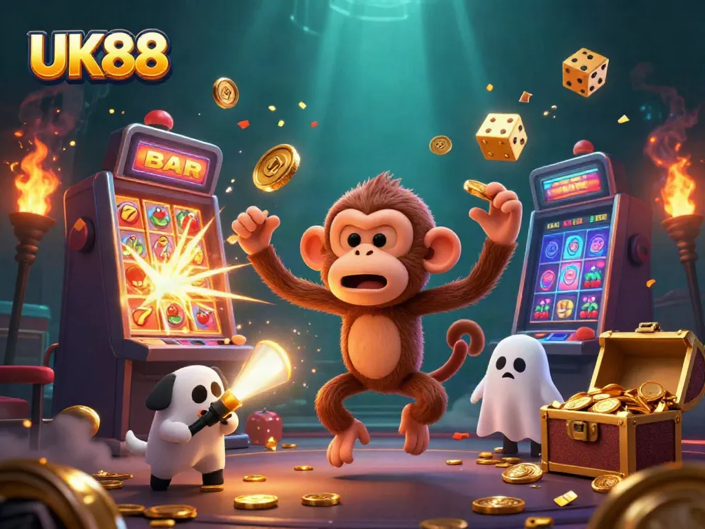 Experience thrilling gameplay with UK88's vibrant 3D scene of a poltergeist monkey and ghost-hunter puppy.
