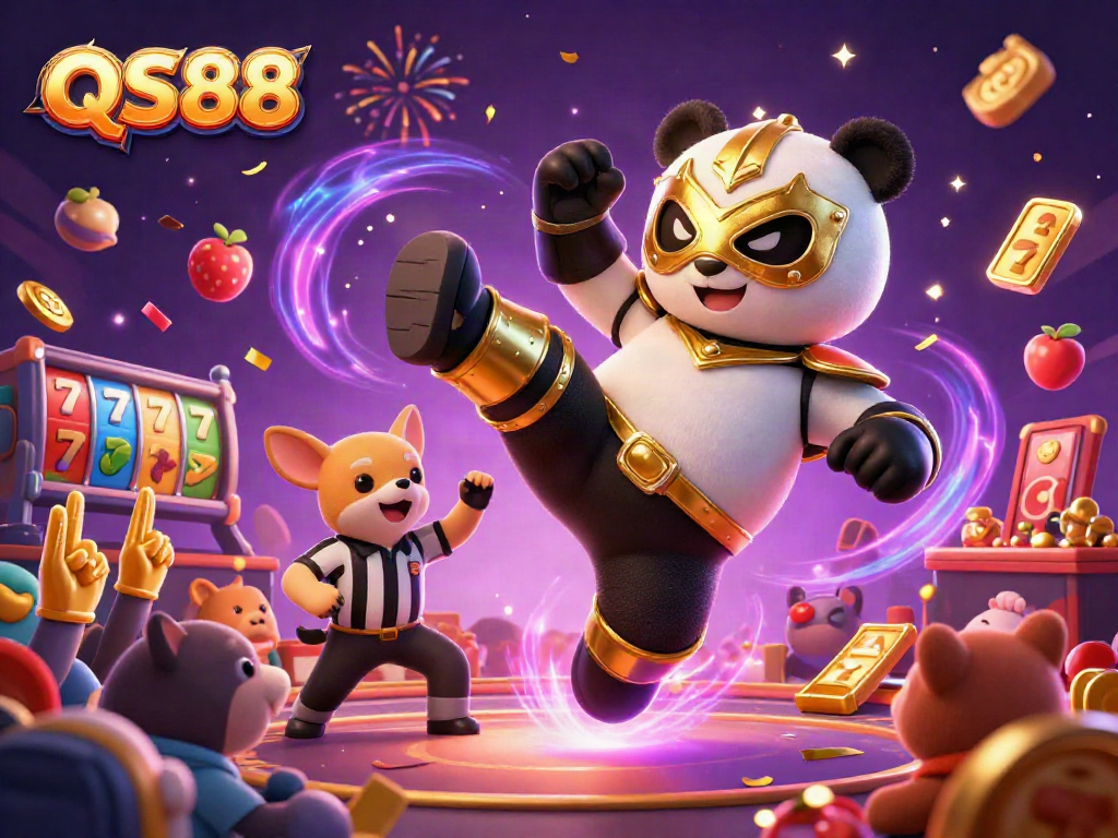 Engage with QS88's thrilling slots experience featuring a wrestling panda and vibrant casino elements.
