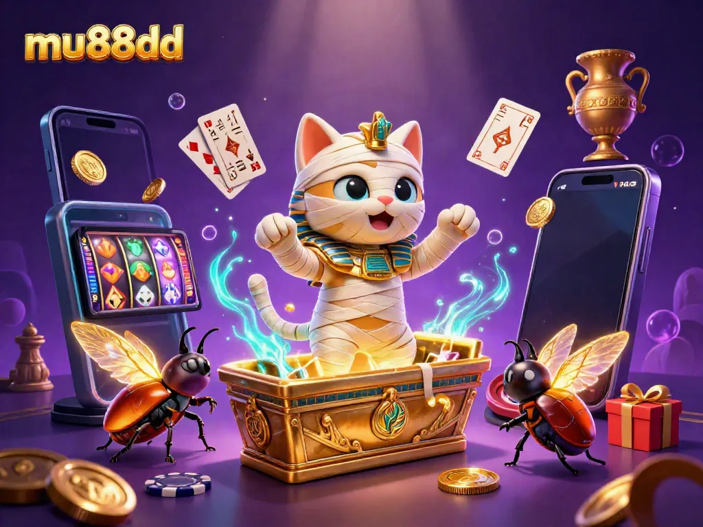 Experience excitement at mu88dd as Egyptian mummy cat wins big in a vibrant casino scene.