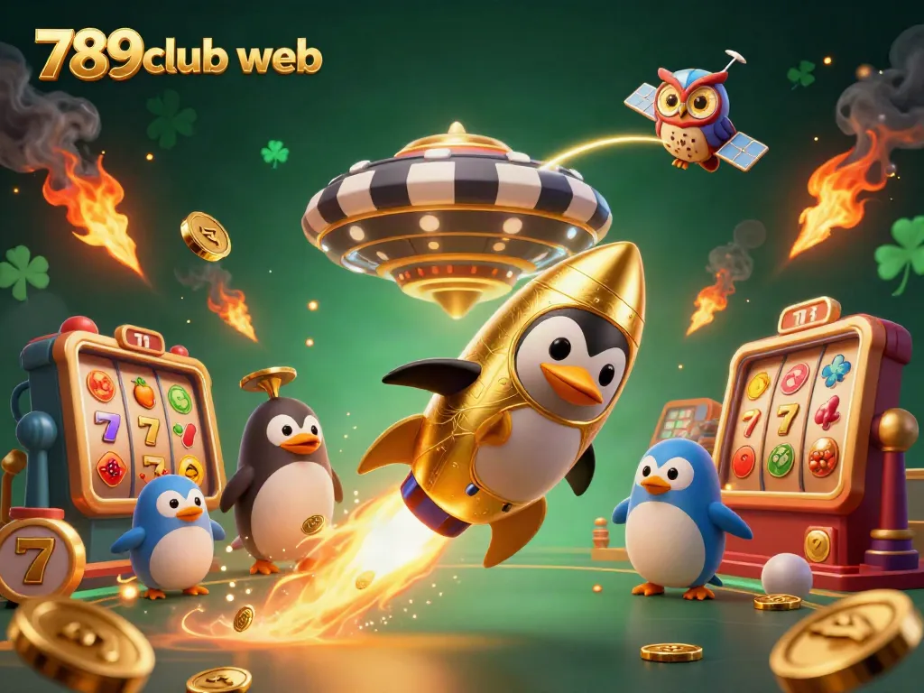 Engage in thrilling gameplay with 789club web, featuring a colorful penguin blasting towards a casino paradise.