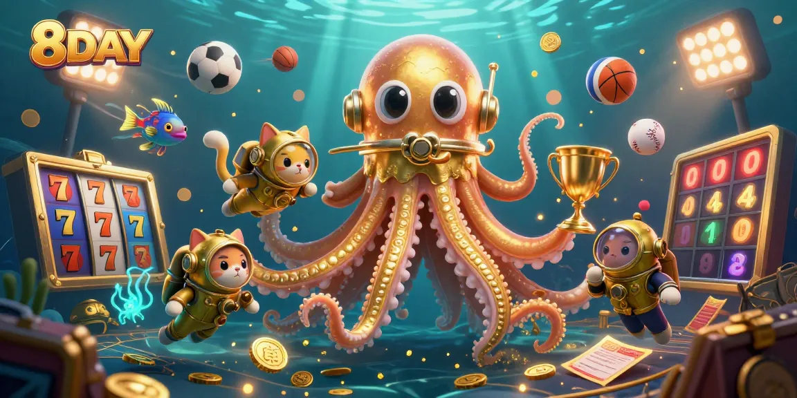 8DAY offers a captivating 3D casino scene with a kraken and diving cat, showcasing engaging slot games.