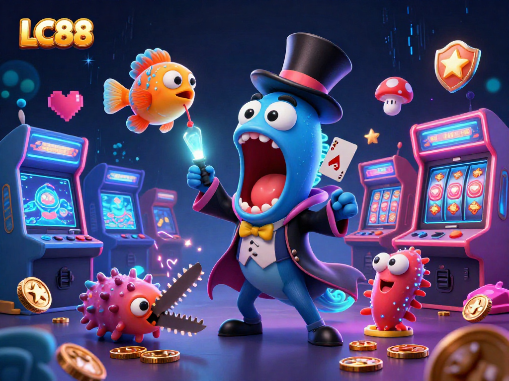 Experience thrilling gaming with LC88’s captivating 3D illustration featuring vibrant casino elements.