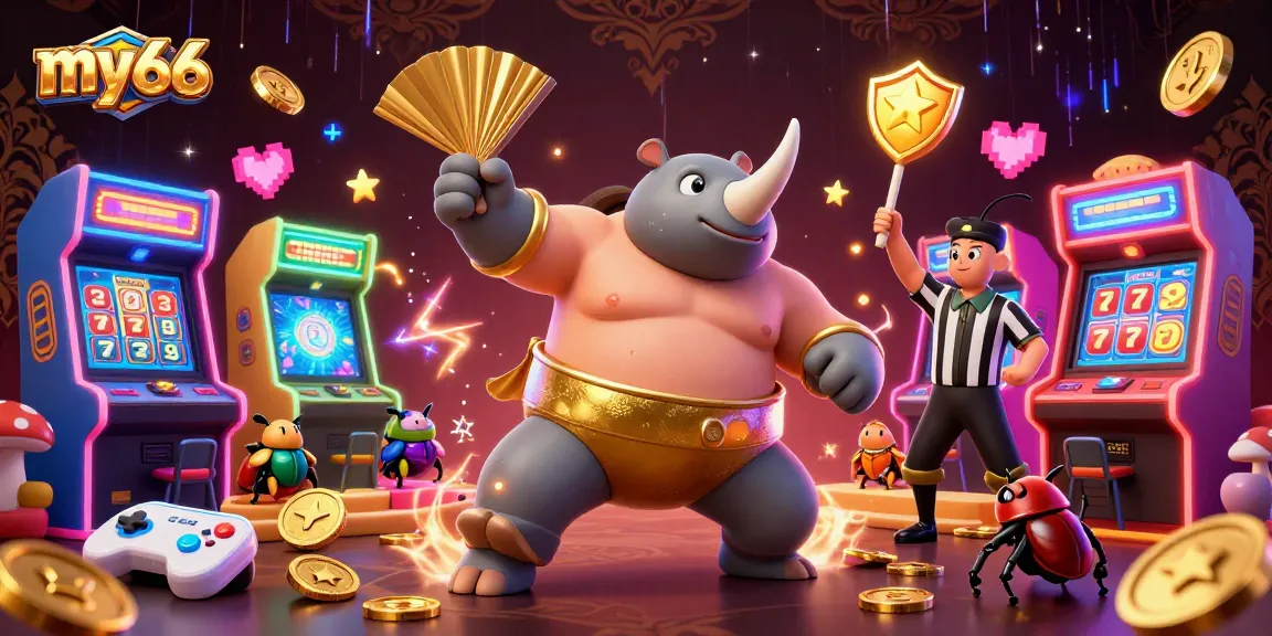 mv66 showcases an exciting casino scene with a beetle champion and a referee, surrounded by flying coins and slot elements.